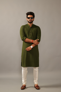 Hand-crafted Battle Green Lucknowi Chikankari Embroidered Kurta-Pajama Set| Best for Wedding wear, Festive wear| Navratri, Diwali, Raksha Bandhan|