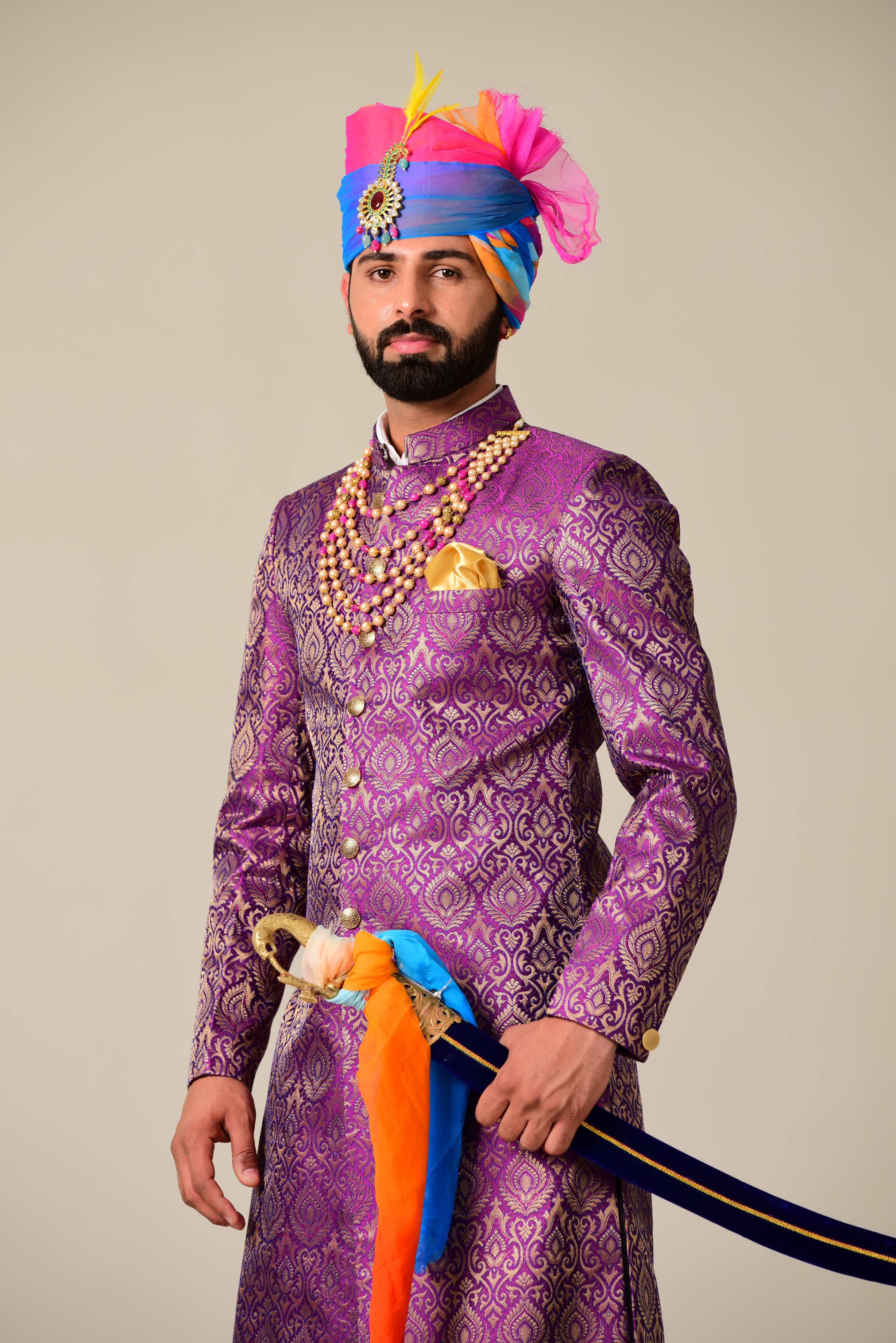 Royal Jam Purple Kimkhab Banarasi Brocade Achkan/Sherwani for Men| Perfect for Wedding, Functional wear|