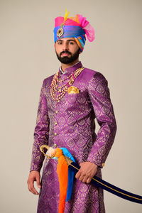 Royal Jam Purple Kimkhab Banarasi Brocade Achkan/Sherwani for Men| Perfect for Wedding, Functional wear|