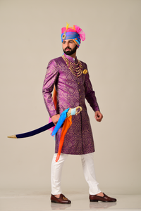 Royal Jam Purple Kimkhab Banarasi Brocade Achkan/Sherwani for Men| Perfect for Wedding, Functional wear|
