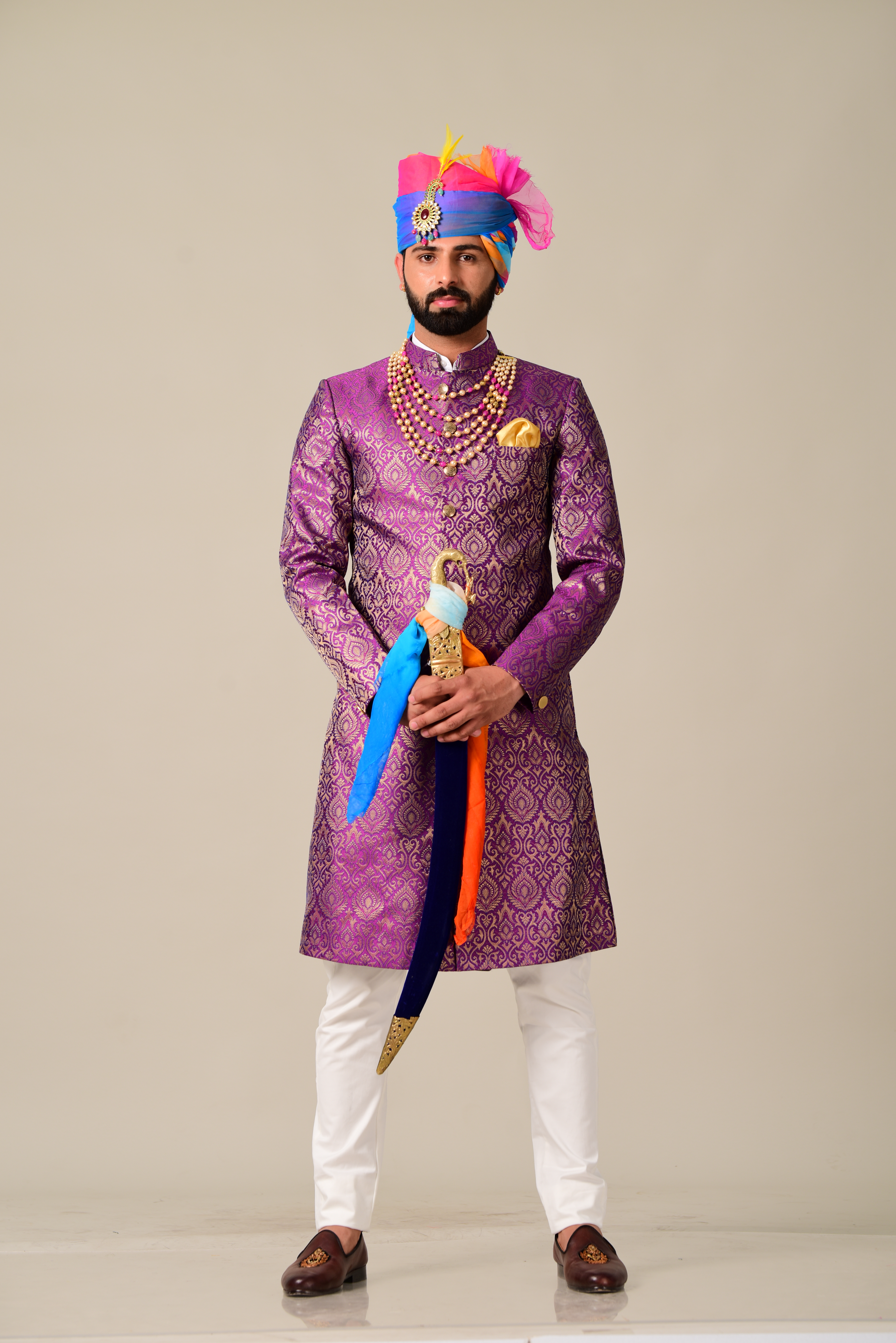 Royal Jam Purple Kimkhab Banarasi Brocade Achkan/Sherwani for Men| Perfect for Wedding, Functional wear|