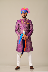 Royal Jam Purple Kimkhab Banarasi Brocade Achkan/Sherwani for Men| Perfect for Wedding, Functional wear|