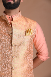 Traditional Floral Pattern Banarasi Brocade Nehru Jacket with Silk Kurta Pajama Set| Fee Personalisation |  Best for Sangeet Function | Family Function|