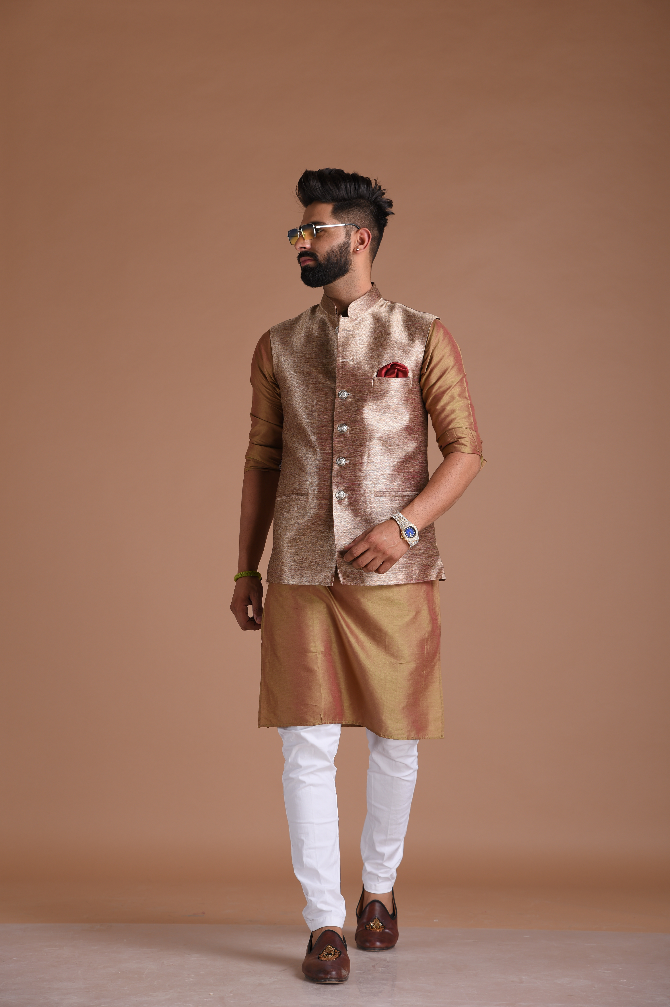 Traditional Maharaja Style Hand-crafted Kim-Khab Half Jodhpuri Jacket with Kurta-Pajama Set | Golden Magenta Color | Best for Cocktail Party|