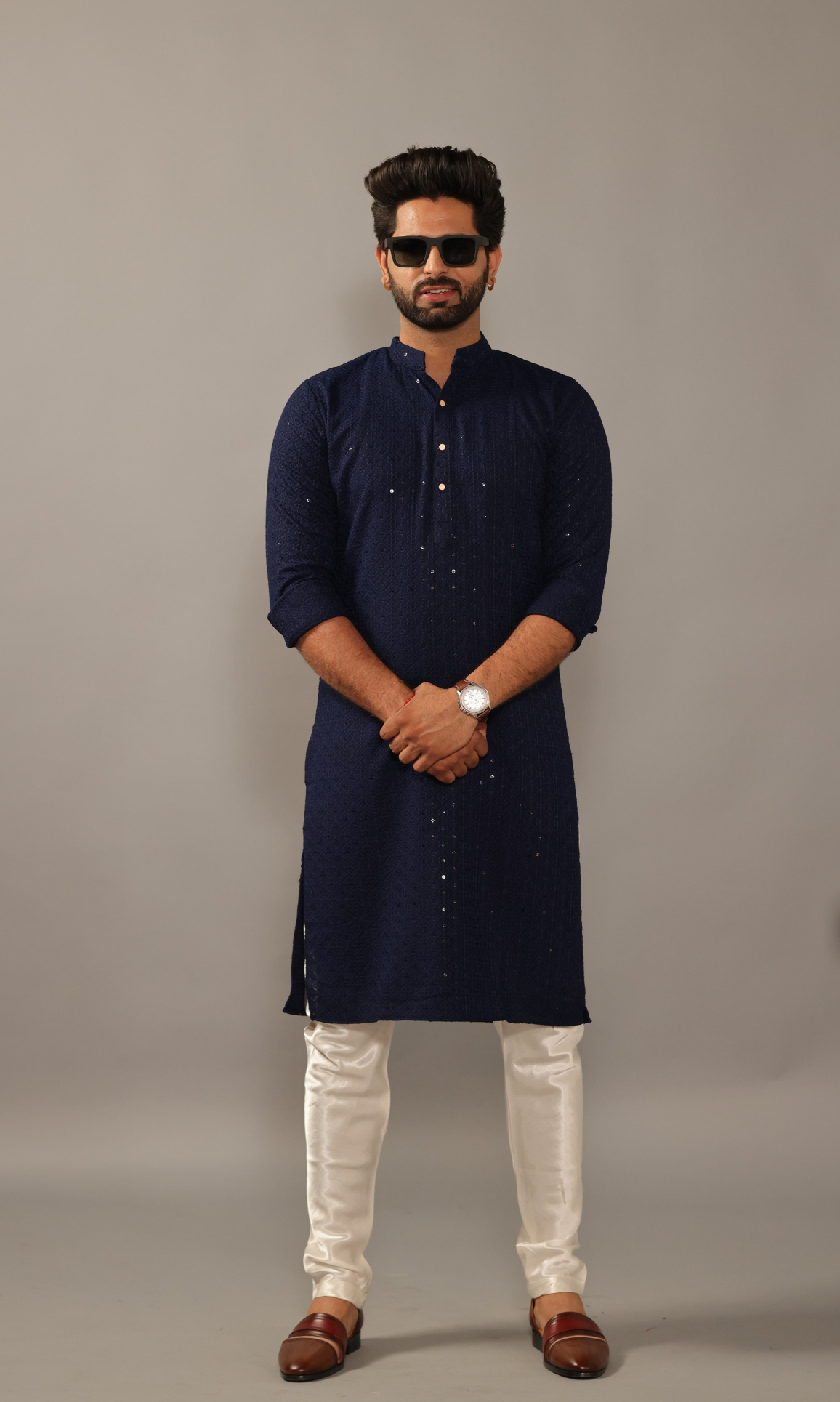 Hand-crafted Navy-Blue Lucknowi Chikankari Embroidered Kurta-Pajama Set| Best for Wedding wear, Festive wear| Navratri, Diwali, Raksha Bandhan|