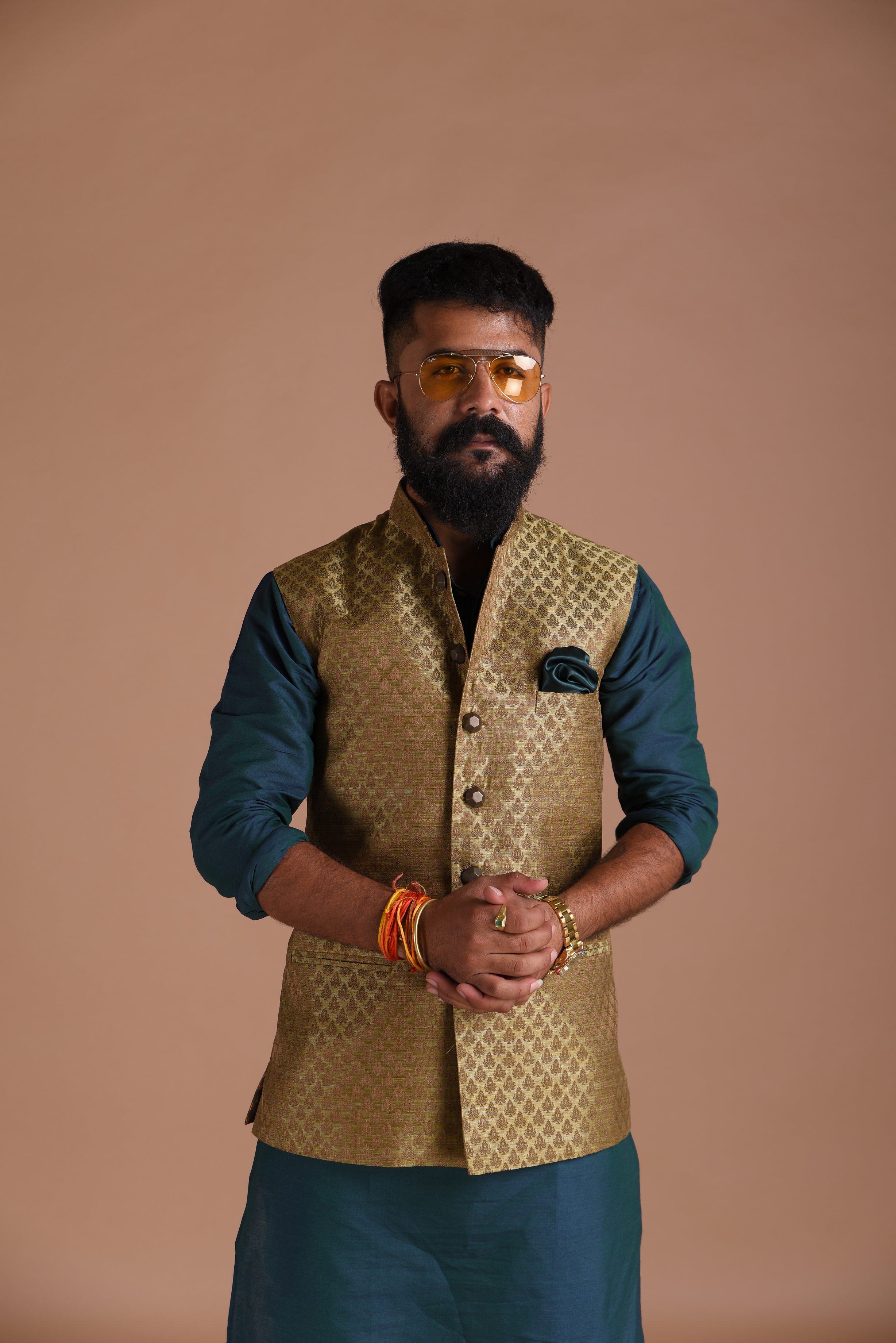 Stunning Dark Brown Leaf Pattern Brocade Nehru Jacket with Kurta Pajama Set | Best For Wedding Functions | Cocktail Parties |
