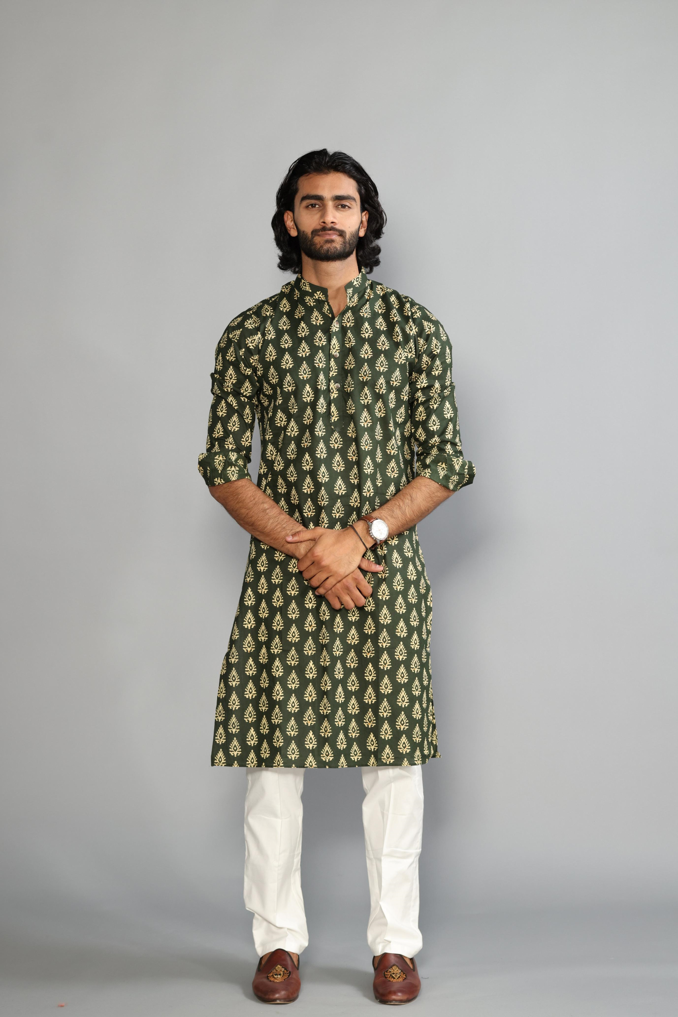Jaipuri Juniper Green Block Print Sanganeri Kurta with White Pajama | Diwali Eid, Pooja | Traditional, Functional, Wedding, Indian Party Wear