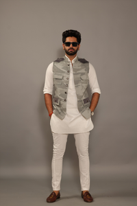 Exclusive Grey Camouflage Hunting style Jacket with White Kurta Pajama Set | Free Personalization | Rajputana | Traditional Dress |