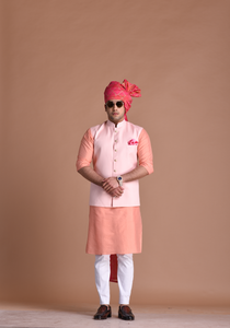 Elegant Pink Rajputana Style Nehru Jacket with Peach Silk Kurta Pajama Set| Terry Rayon | Perfect Traditional Functions Weddings | Father Son Combo
