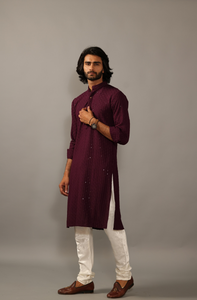 Hand-crafted Wine Lucknowi Chikankari Embroidered Kurta-Pajama Set| Best for Wedding wear, Festive wear| Navratri, Diwali, Raksha Bandhan|