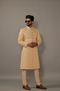 Elegant Peach Hand-crafted Lucknowi Embroidered Sherwani /Achkan for Men | Father Son Combo | Hand Made | Perfect Groom Wear