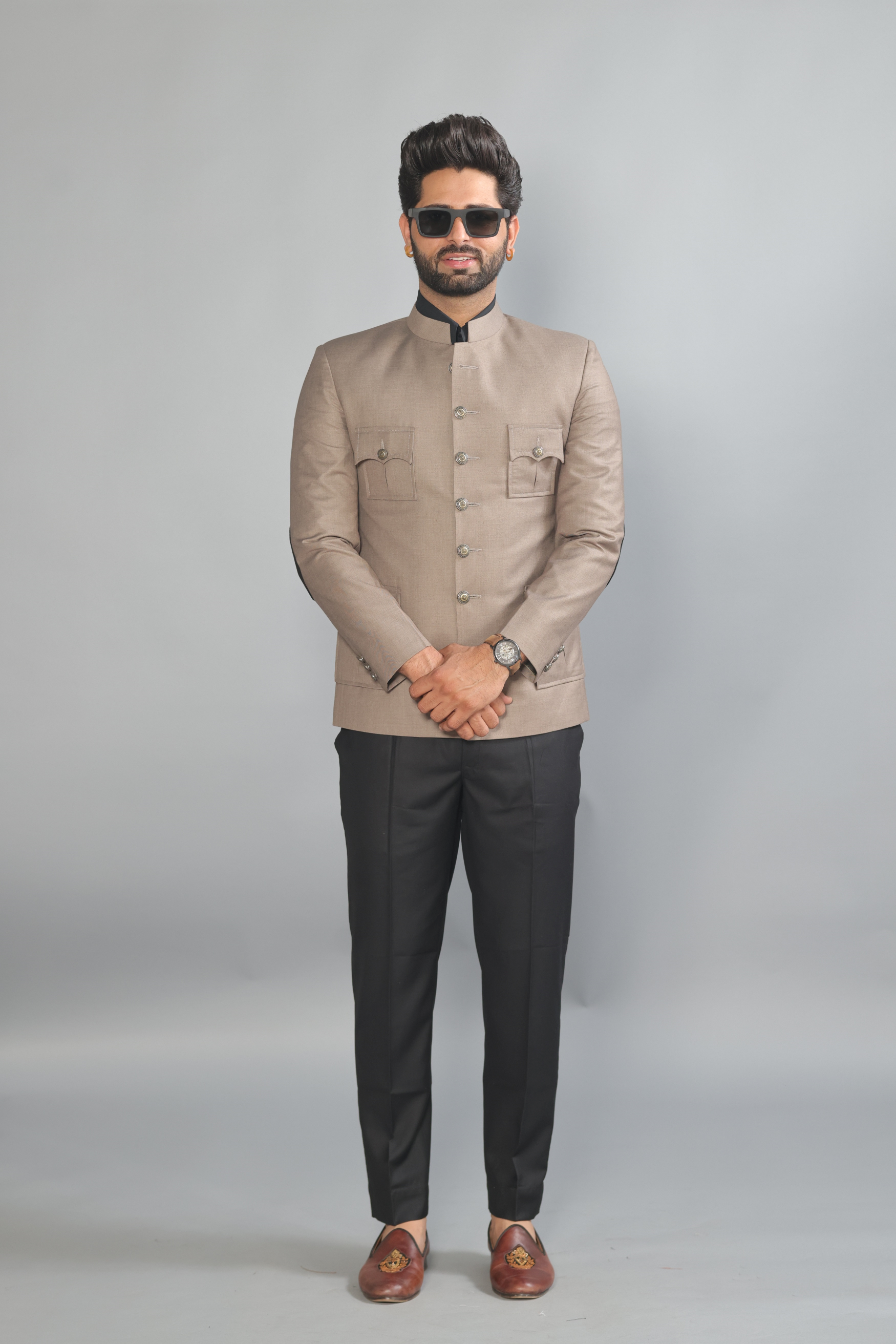 Exclusive Mink Brown  4 pocket Hunting Style Jodhpuri Bandh gala with Black Trouser | Elegant Elite Styling | Perfect for Family Weddings Formal Parties Ring Ceremony