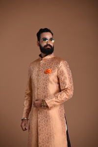 Exclusive Floral Pattern Banarasi Brocade Melon Sherwani | Perfect for Family Weddings, Indian / Grooms, Festivals / Traditional Events