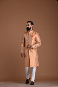 Exclusive Floral Pattern Banarasi Brocade Melon Sherwani | Perfect for Family Weddings, Indian / Grooms, Festivals / Traditional Events