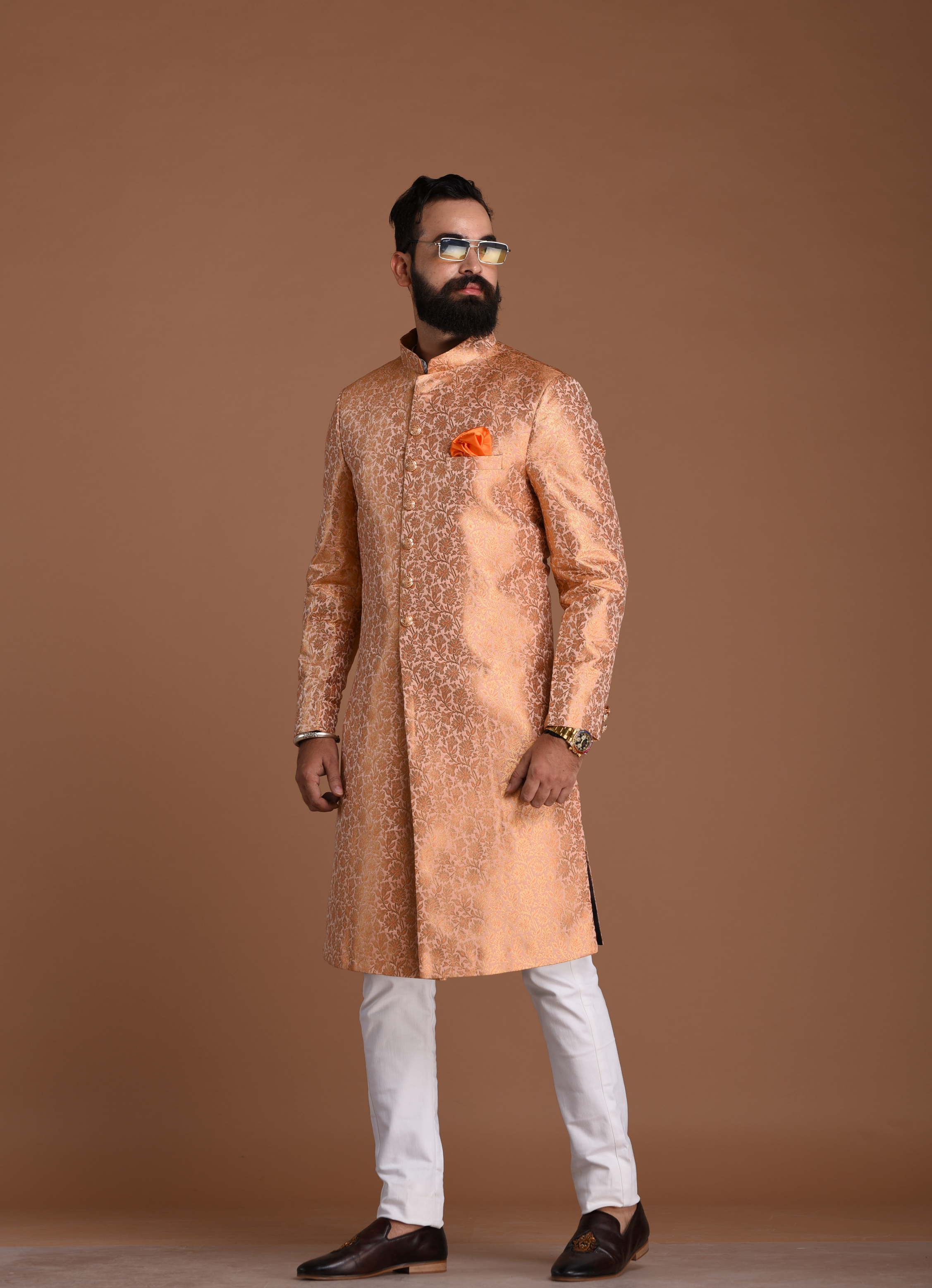 Exclusive Floral Pattern Banarasi Brocade Melon Sherwani | Perfect for Family Weddings, Indian / Grooms, Festivals / Traditional Events