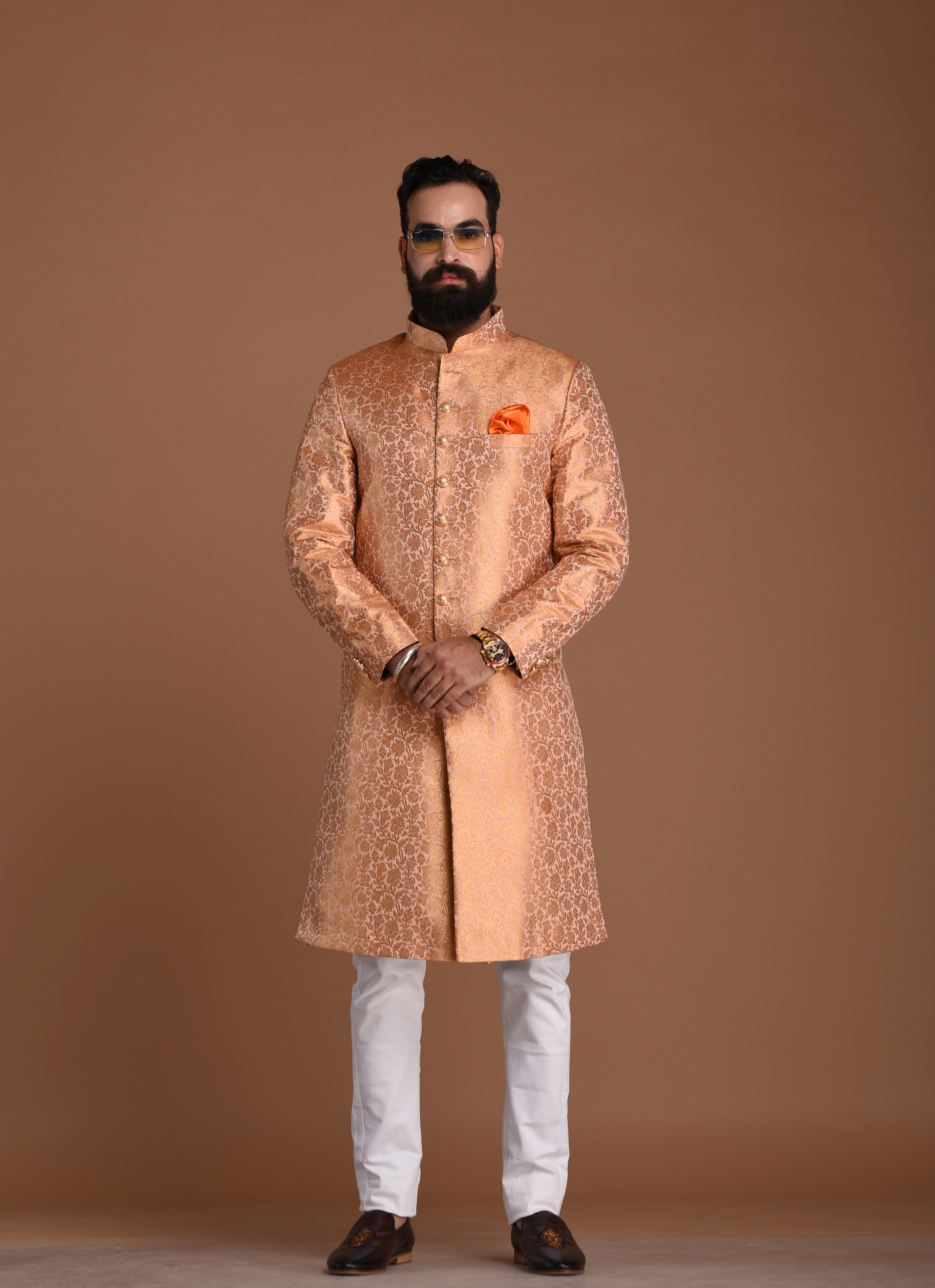 Exclusive Floral Pattern Banarasi Brocade Melon Sherwani | Perfect for Family Weddings, Indian / Grooms, Festivals / Traditional Events