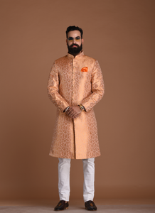 Exclusive Floral Pattern Banarasi Brocade Melon Sherwani | Perfect for Family Weddings, Indian / Grooms, Festivals / Traditional Events