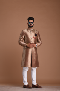 Alluring Magenta Golden Banarasi Silk Sherwani /Achkan for Men |Best For Wedding ,Grooms Formal Indian Events Festivals |Maharaja Style|