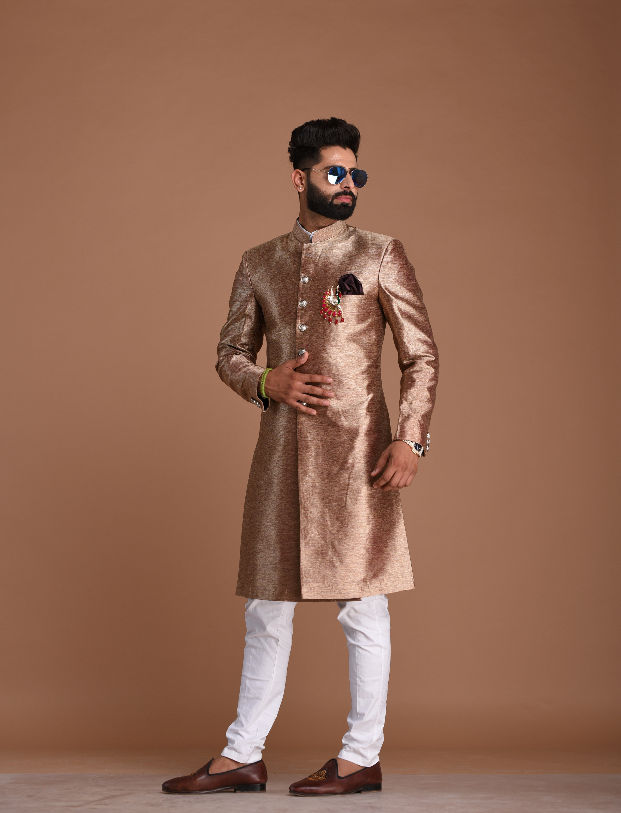 Alluring Magenta Golden Banarasi Silk Sherwani /Achkan for Men |Best For Wedding ,Grooms Formal Indian Events Festivals |Maharaja Style|