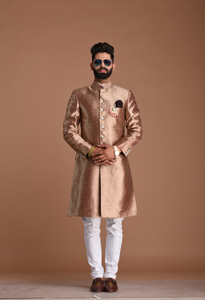 Alluring Magenta Golden Banarasi Silk Sherwani /Achkan for Men |Best For Wedding ,Grooms Formal Indian Events Festivals |Maharaja Style|