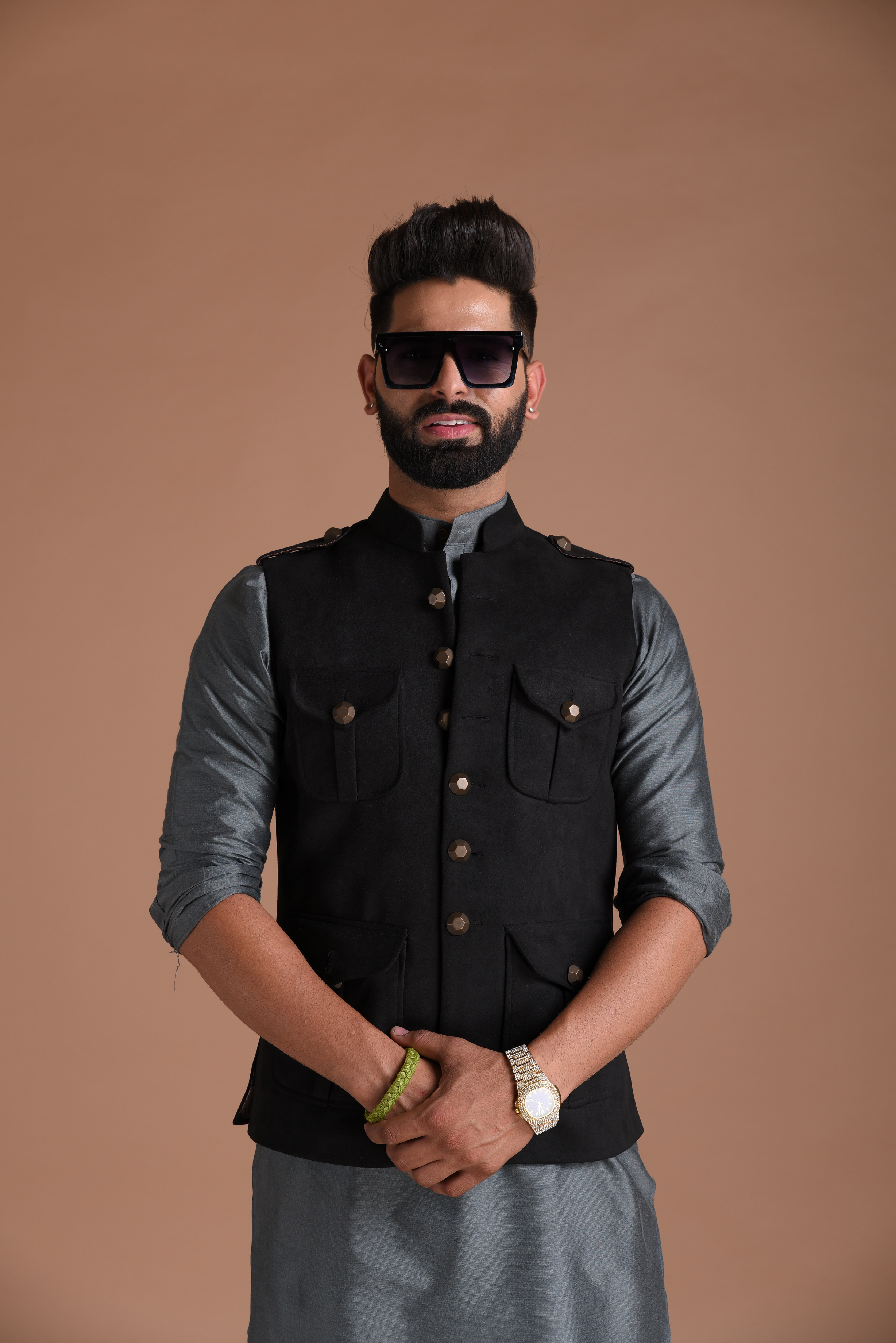 Exclusive Black Faux Suede Leather Half Hunting Style Jacket with Kurta Pajama Set | Perfect for Casual wear, Festive wear|