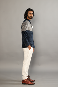 Alluring Navy Blue- Grey Silky Smooth Velvet with Beautiful Aariwork Jodhpuri Bandhgala for Men | White Trouser| Hand Embroidered| For Wedding, Reception, Sangeet, Engagement
