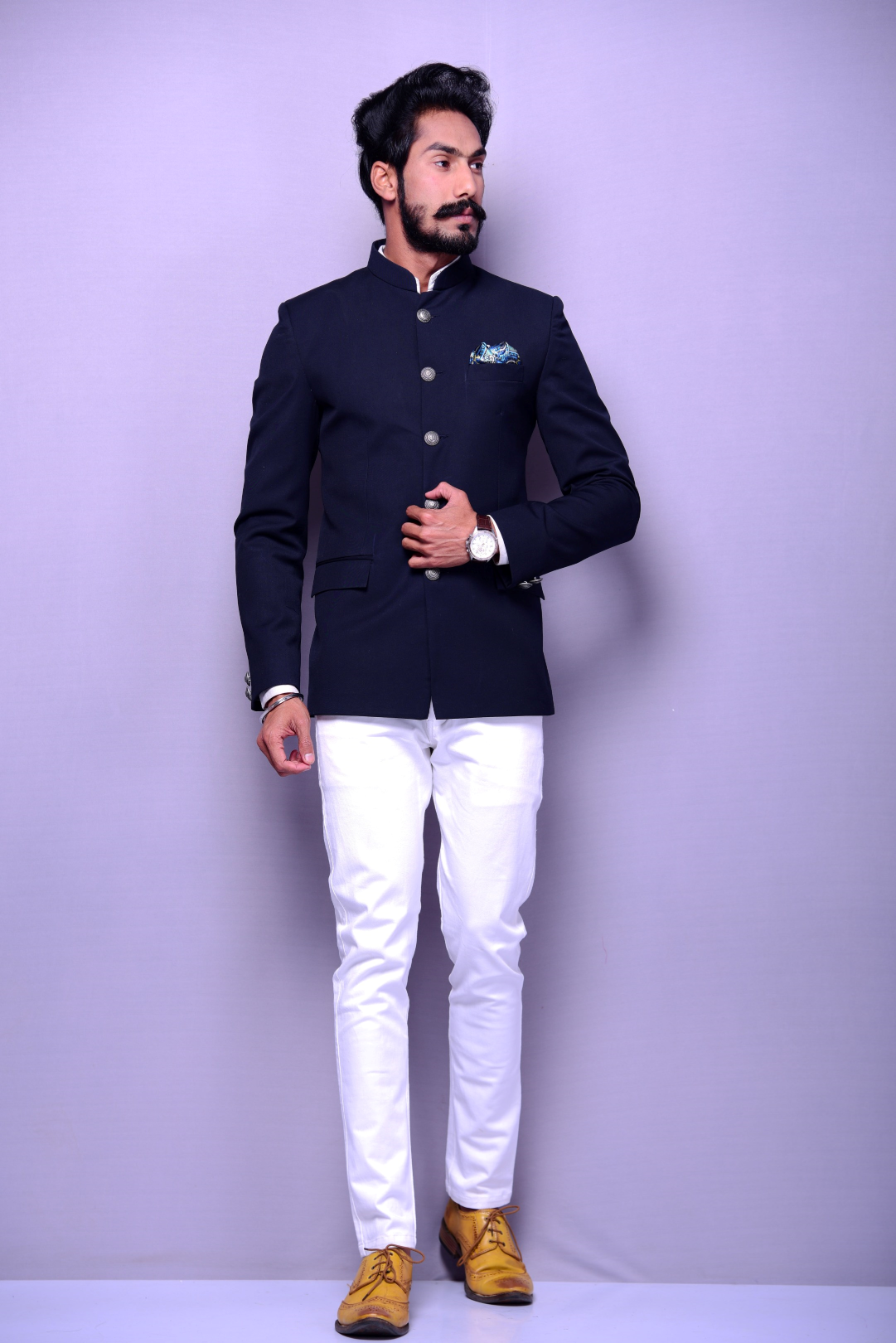 Bespoke Navy Blue Jodhpuri Bandhgala Blazer with White Trouser| Terry Rayon | Perfect for Wedding wear, Functional wear and Festive wear|| Vintage