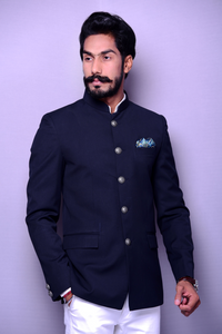 Bespoke Navy Blue Jodhpuri Bandhgala Blazer with White Trouser| Terry Rayon | Perfect for Wedding wear, Functional wear and Festive wear|| Vintage