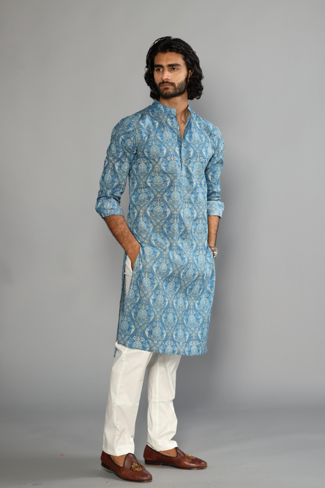 Jaipuri Damask Printed Sanganeri Steel Blue Kurta with White Pajama | Diwali Eid, Pooja | Traditional, Wedding, Indian Party Wear