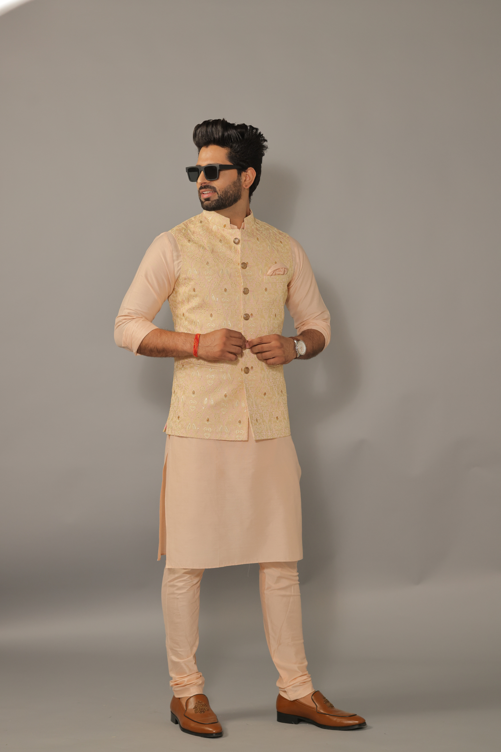 Alluring Peach Luckhnawi Sequin Embroidered Nehru Jacket with Peach Kurta Pajama Set - Handcrafted | Free Personalization | Diwali, Sangeet Party