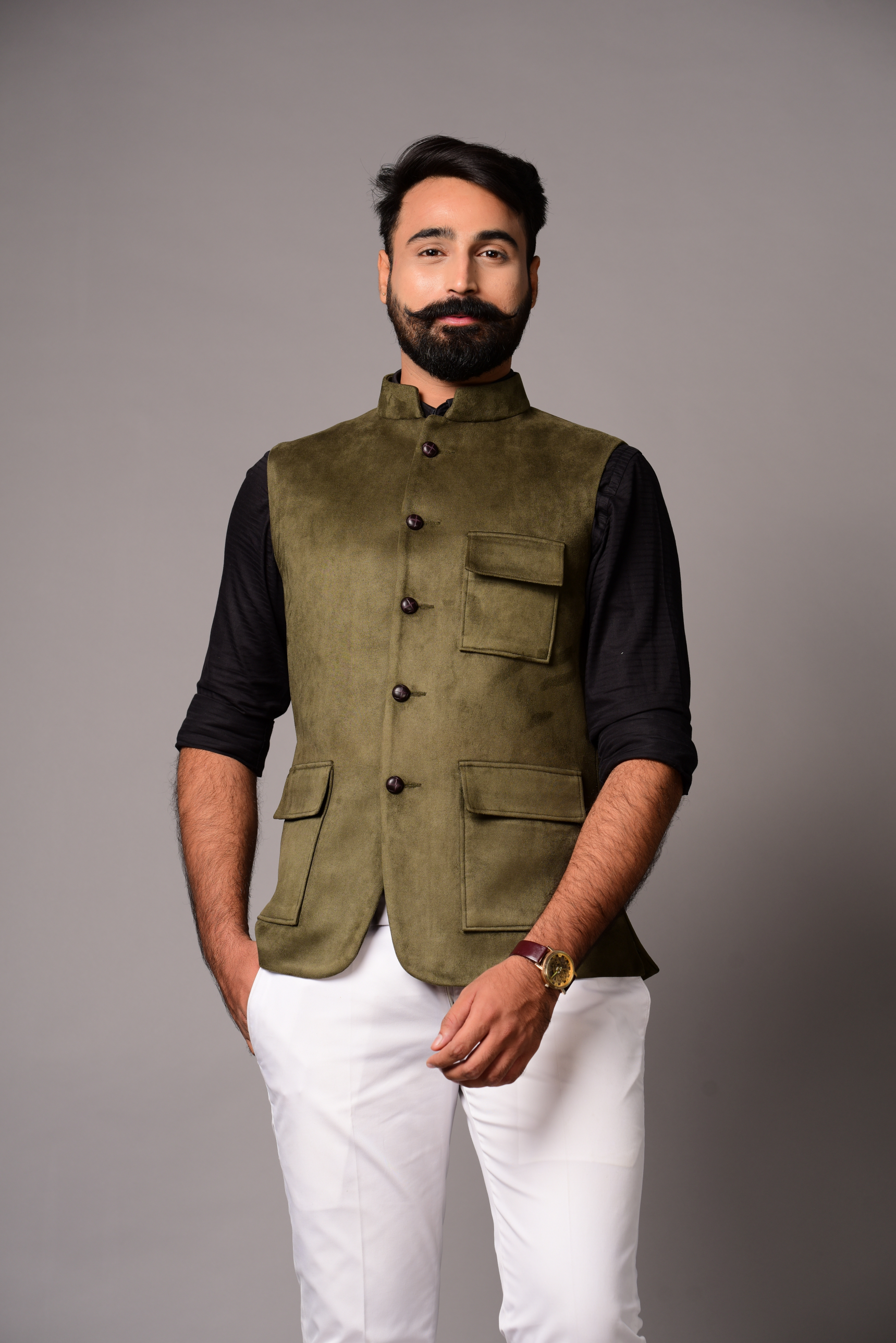Elegant Olive Green 3 Pocket Hunting Style Faux Suede Leather Bandhgala Jodhpuri with White Trouser | Best for Cocktail, Sangeet Parties
