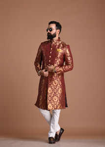 Royal Golden-Red Floral Work Brocade Silk Sherwani /Achkan for Men | Perfect Groom Wear | Wedding Function Wear