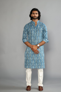 Jaipuri Damask Printed Sanganeri Steel Blue Kurta with White Pajama | Diwali Eid, Pooja | Traditional, Wedding, Indian Party Wear