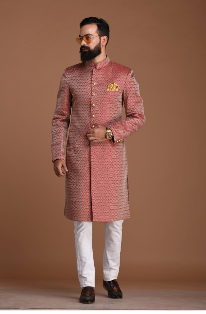 Stunning Dark Red Leaf Pattern Banarasi Brocade Sherwani/ Achkan for Men | Perfect Wedding , Functional wear|