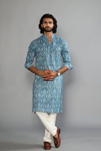 Jaipuri Damask Printed Sanganeri Steel Blue Kurta with White Pajama | Diwali Eid, Pooja | Traditional, Wedding, Indian Party Wear