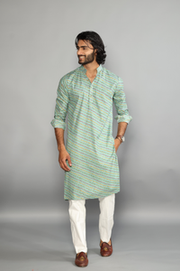 Jaipuri Aqua Green Leheriya Bandhej Printed Kurta Pajama Set | Diwali, Eid , Pooja | Traditional , Functional , Wedding , Indian Party Wear