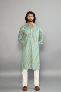 Jaipuri Aqua Green Leheriya Bandhej Printed Kurta Pajama Set | Diwali, Eid , Pooja | Traditional , Functional , Wedding , Indian Party Wear