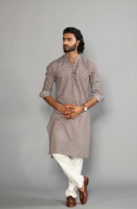 Hand-crafted Tawny Brown Scales Print Sanganeri Kurta With White Pajama | Diwali Eid, Pooja | Traditional, Functional, Wedding, Indian Party Wear