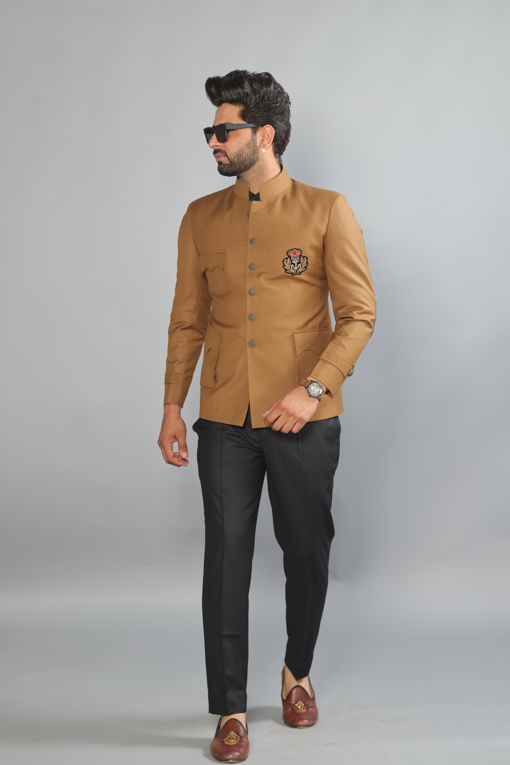 Stunning Camel Brown Bandhgala With Zardozi Embroidered Patch | Black Trouser | Free Personalisation Handmade | Perfect for Wedding and Party Wear |