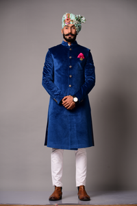 Aesthetic Royal Blue Silky Smooth Velvet Sherwani/Achkan for Men | Perfect For Wedding , Reception , Sangeet , Engagement