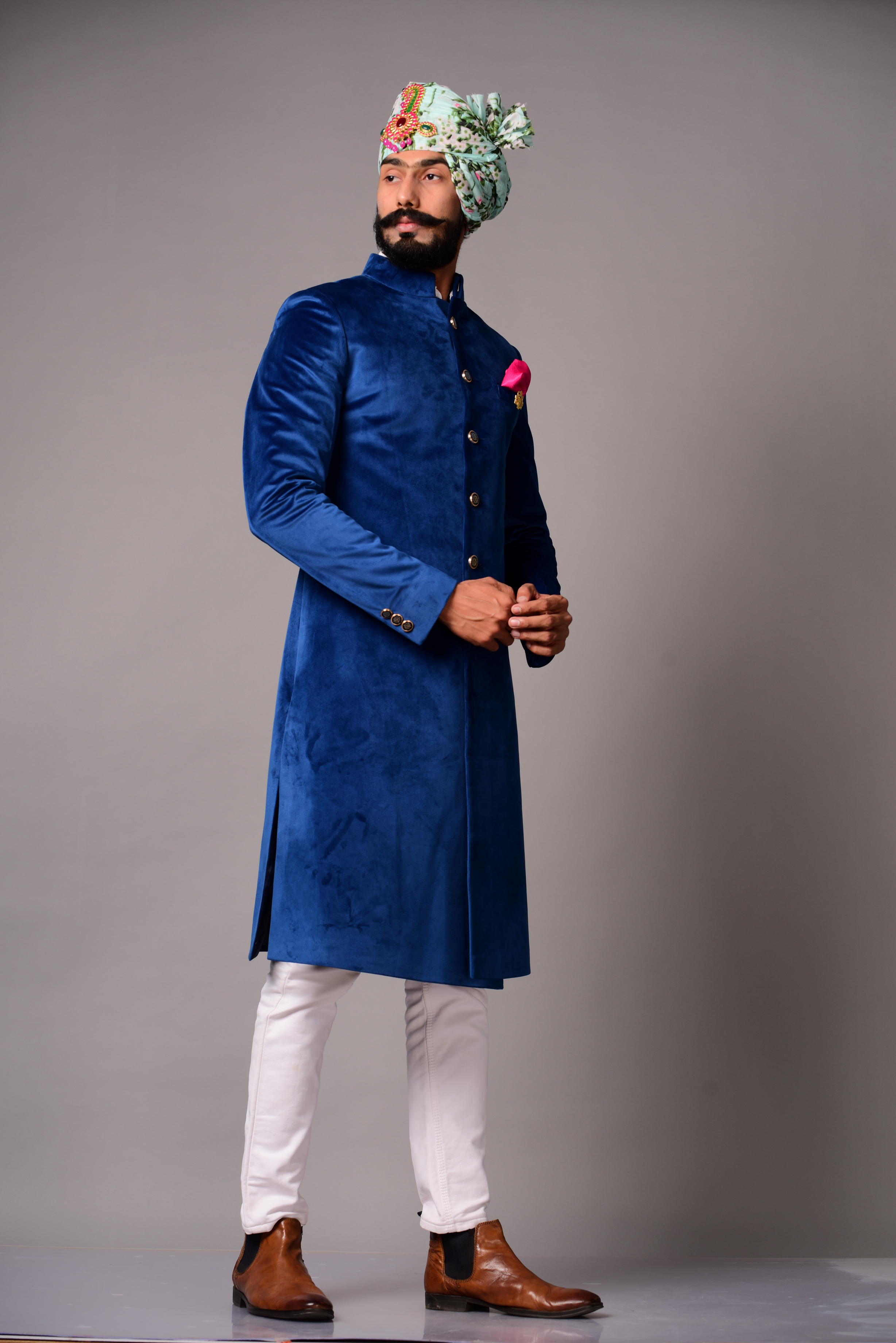 Aesthetic Royal Blue Silky Smooth Velvet Sherwani/Achkan for Men | Perfect For Wedding , Reception , Sangeet , Engagement