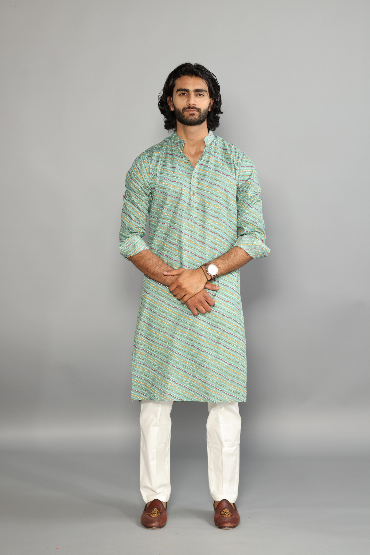 Jaipuri Aqua Green Leheriya Bandhej Printed Kurta Pajama Set | Diwali, Eid , Pooja | Traditional , Functional , Wedding , Indian Party Wear