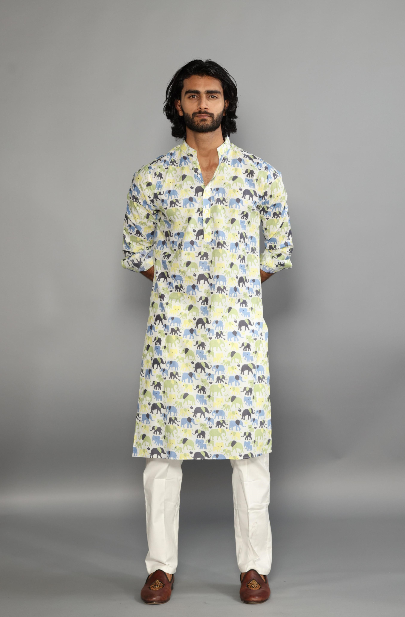 Elegant Multi-Elephant Print Sanganeri White Kurta Pajama Set | Diwali, Eid , Pooja | Traditional , Functional , Wedding, Indian Party Wear