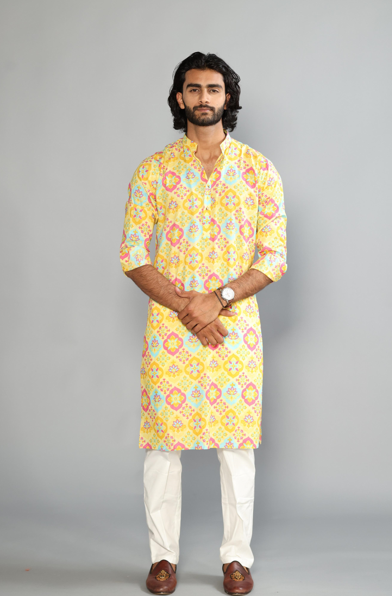 Hand-crafted Minion Yellow Baraque Printed Sanganeri Kurta with White Pajama | Diwali Eid, Pooja | Traditional, Wedding, Indian Party Wear