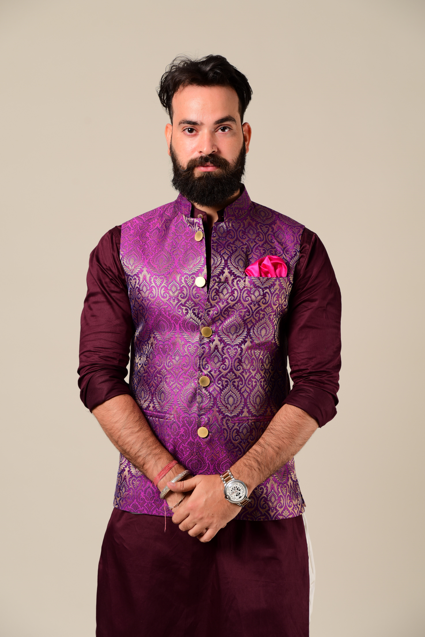 Hand-crafted Jam Purple Banarasi Brocade Nehru Jacket with Kurta