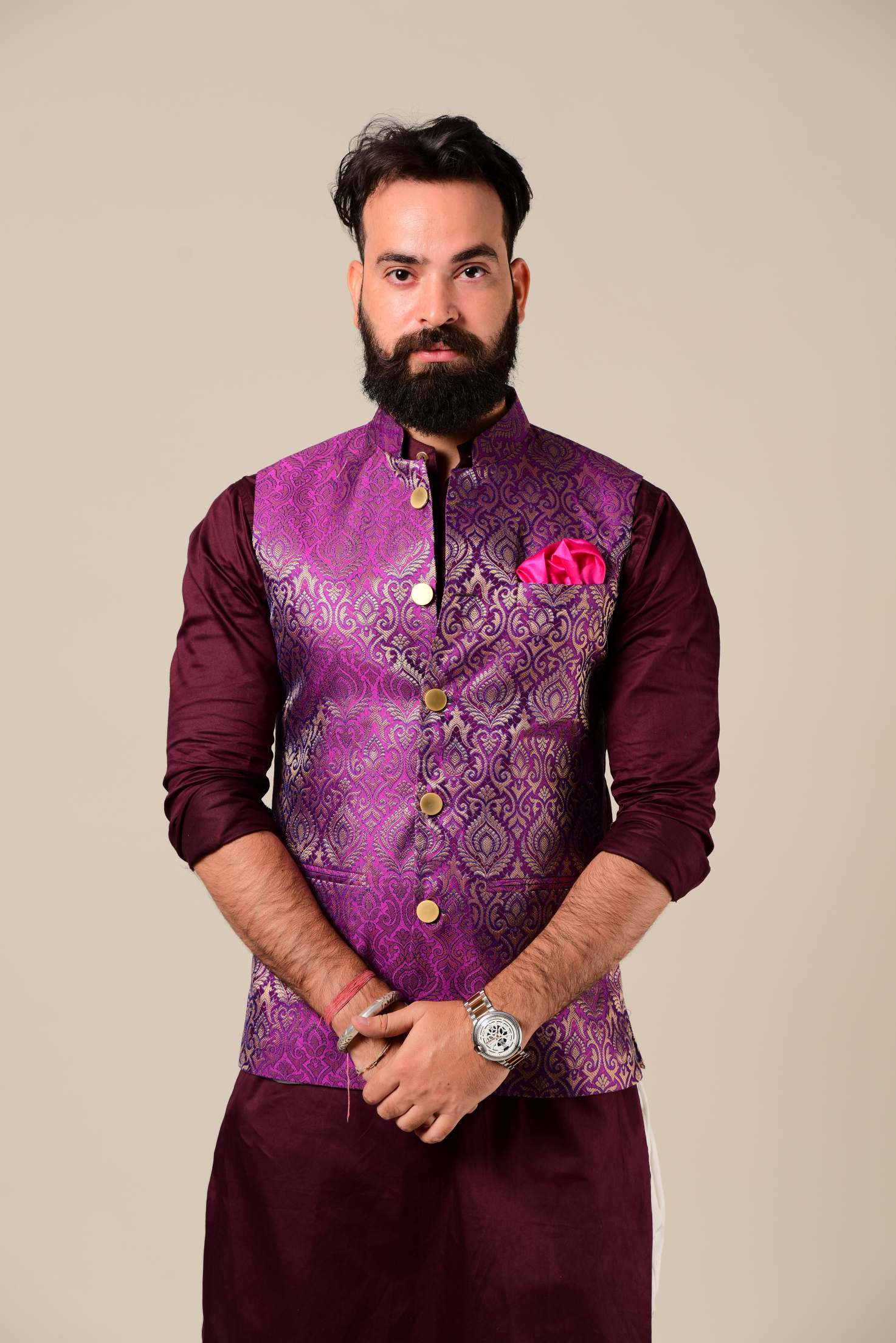 Hand-crafted Jam Purple Banarasi Brocade Nehru Jacket with Kurta Pajama Set| Open Day Functions Wedding Ceremonies Festivals Indian Dinner