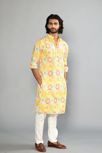 Hand-crafted Minion Yellow Baraque Printed Sanganeri Kurta with White Pajama | Diwali Eid, Pooja | Traditional, Wedding, Indian Party Wear