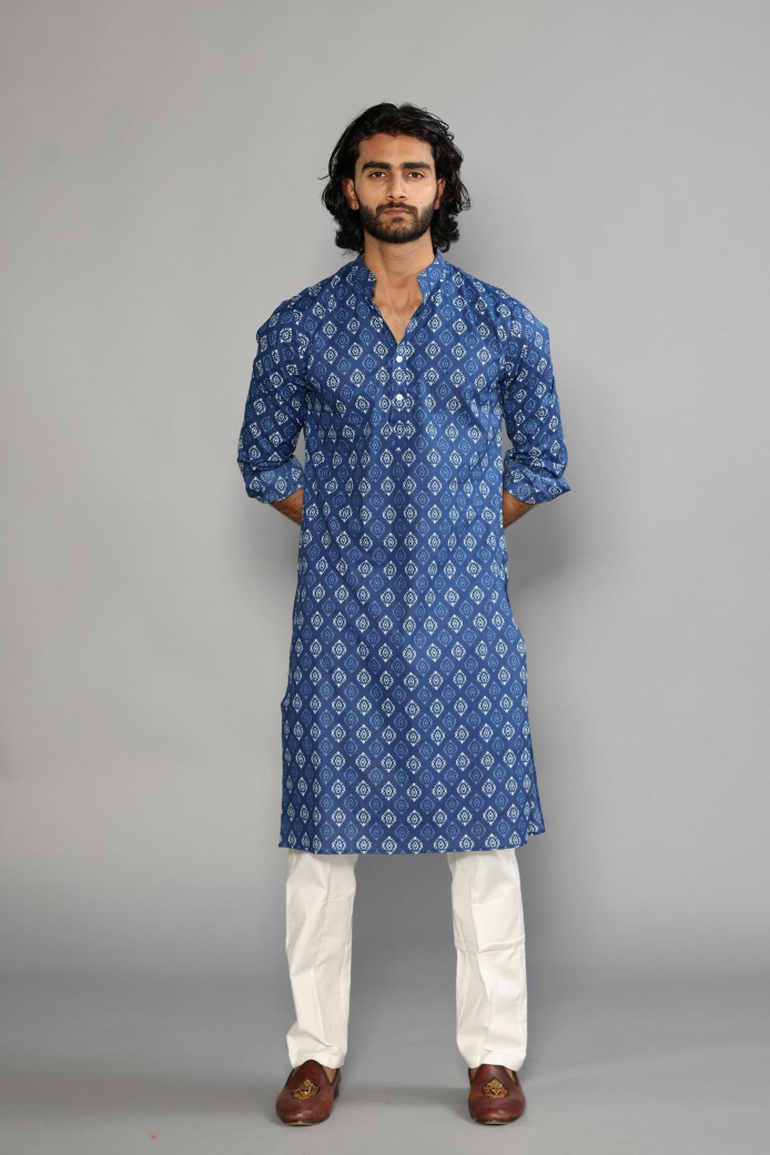 Hand-crafted Navy Blue Damask Print Sanganeri Kurta Pajama Set | Diwali, Eid , Pooja | Traditional , Functional , Wedding , Indian Party Wear