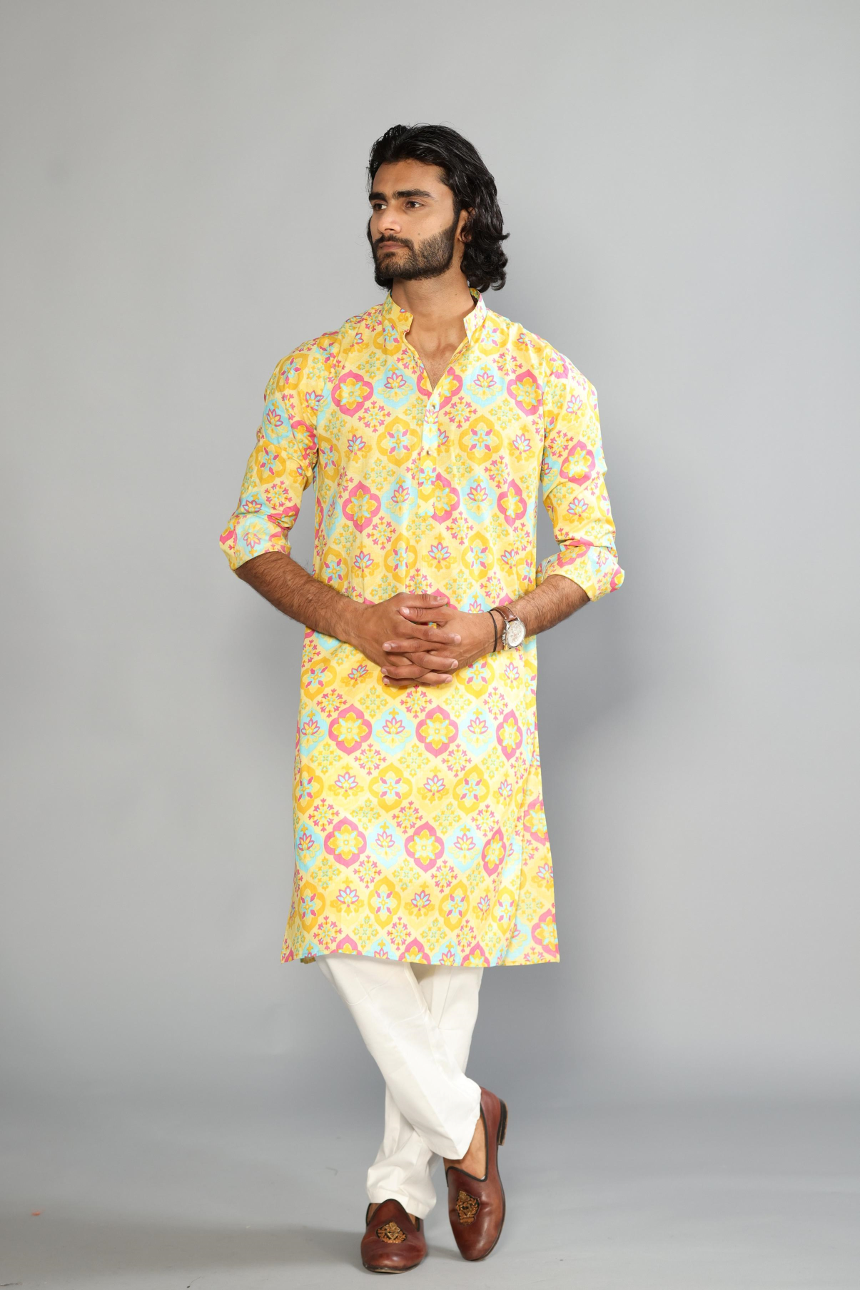 Hand-crafted Minion Yellow Baraque Printed Sanganeri Kurta with White Pajama | Diwali Eid, Pooja | Traditional, Wedding, Indian Party Wear