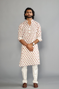 Elegant Off White Pink Booti Print Sanganeri White Kurta with White Pajama | Diwali, Eid , Pooja | Traditional , Functional , Wedding , Indian Party Wear